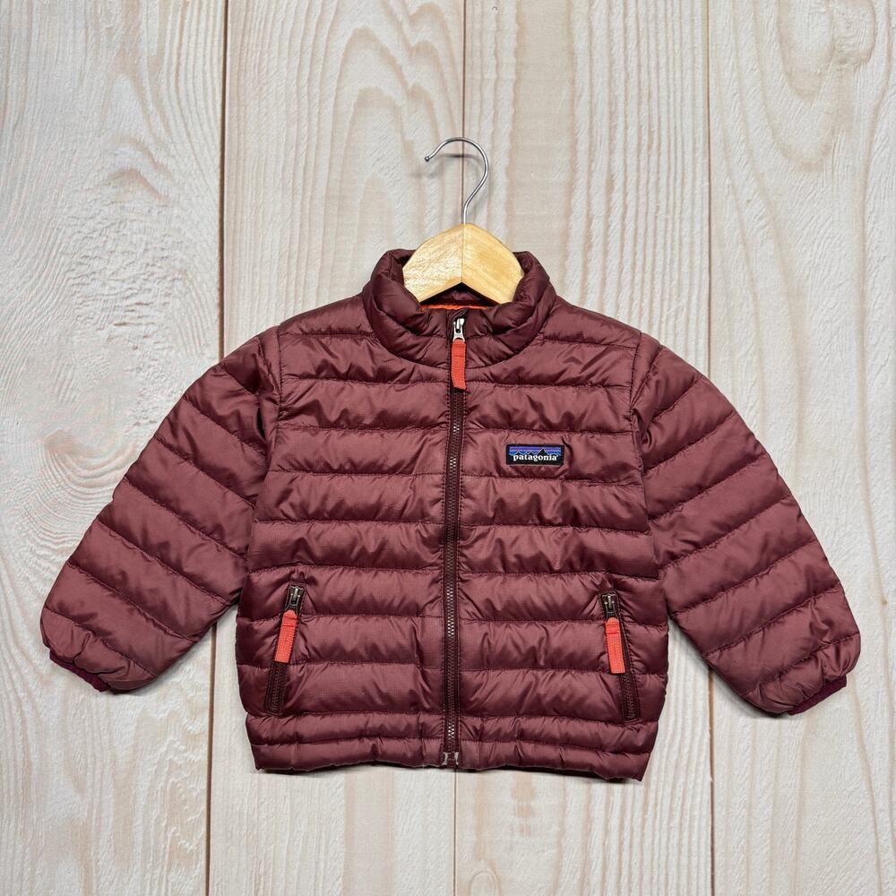 Patagonia Kids Burgundy Puffer Jacket with Orange Zips